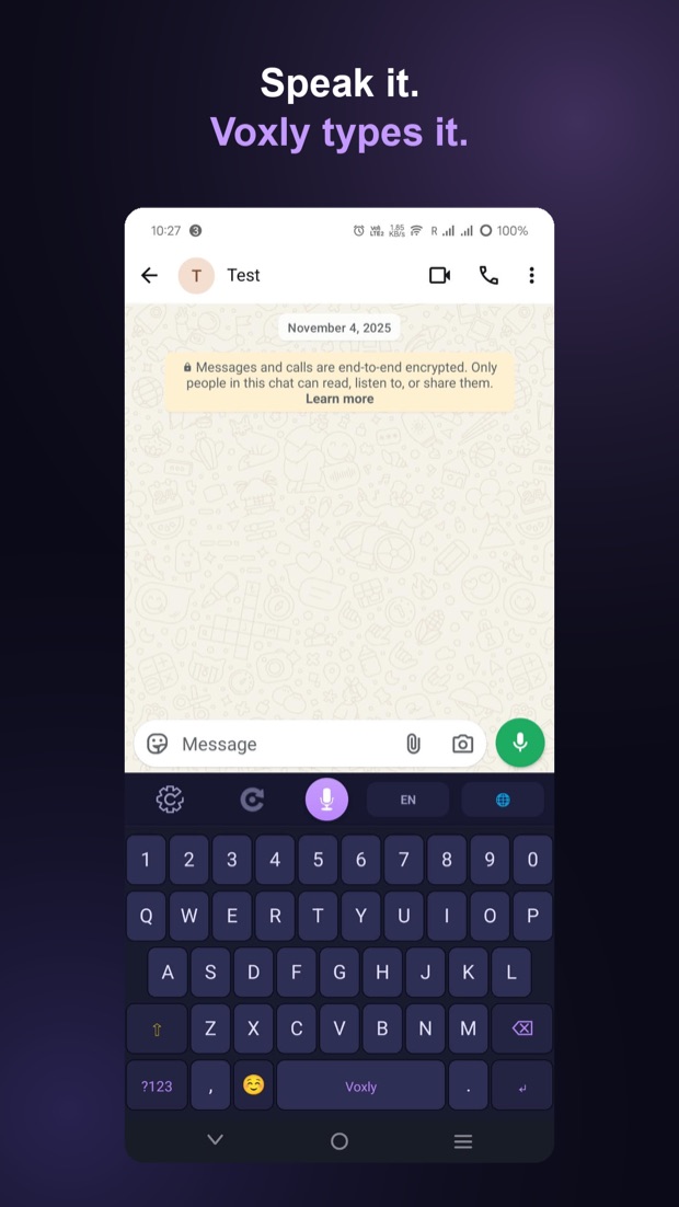 Voxly typing a spoken message into a chat app