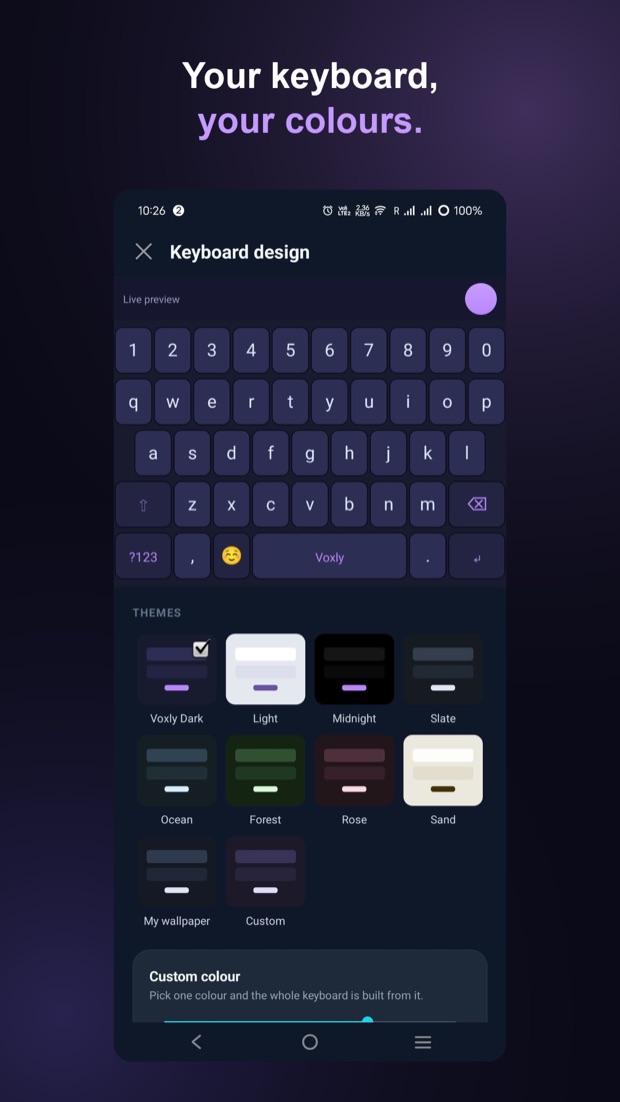 The keyboard design screen, showing theme swatches and a live preview